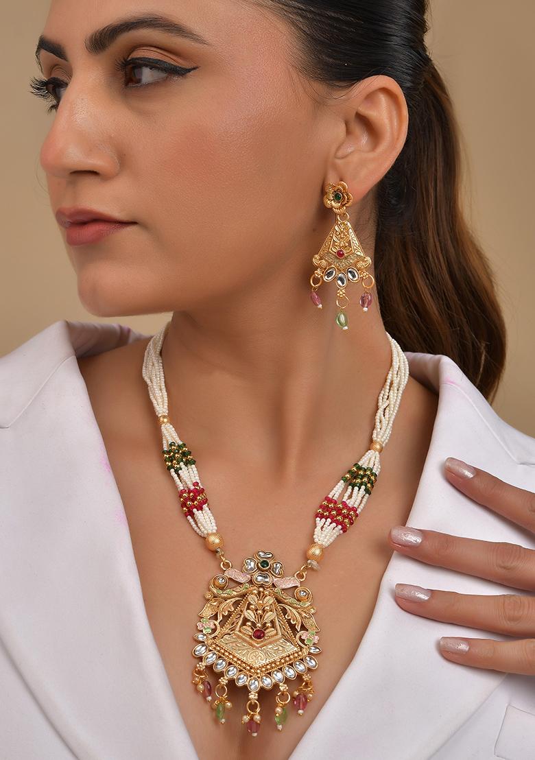 Gold Plated Designer Long Necklace With Earrings Set - Indya