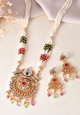 Gold Toned Traditional Long Necklace With Earrings Set 
