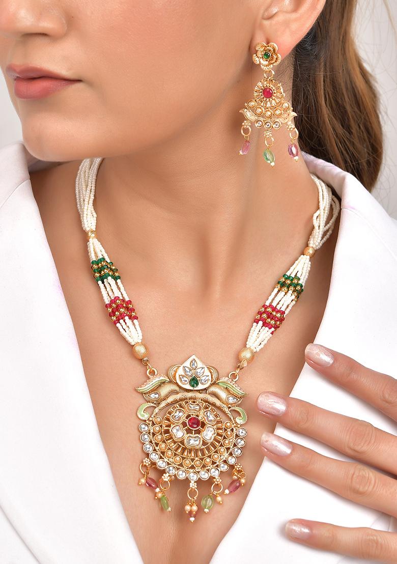 Gold Toned Traditional Long Necklace With Earrings Set  - Indya