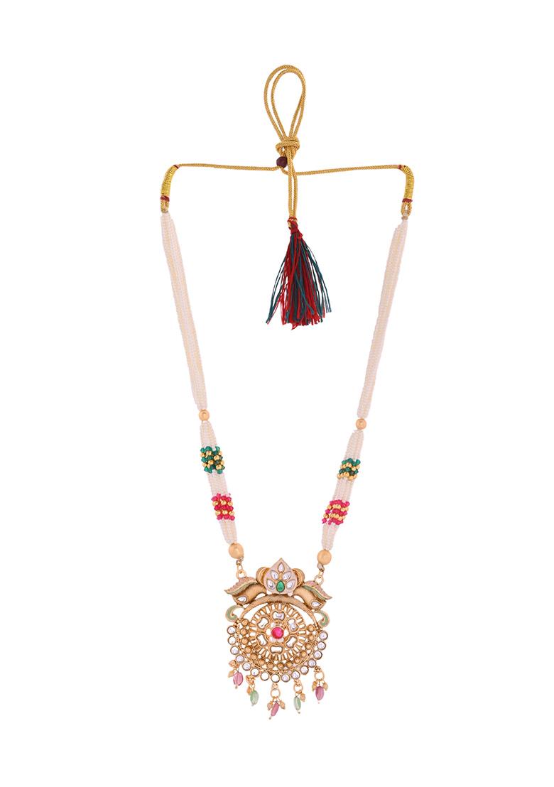 Gold Toned Traditional Long Necklace With Earrings Set  - Indya