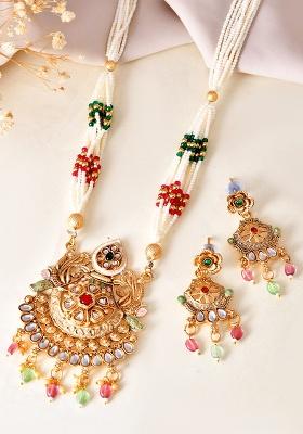 Gold Toned Traditional Circular Shaped Long Necklace With Earrings Set 