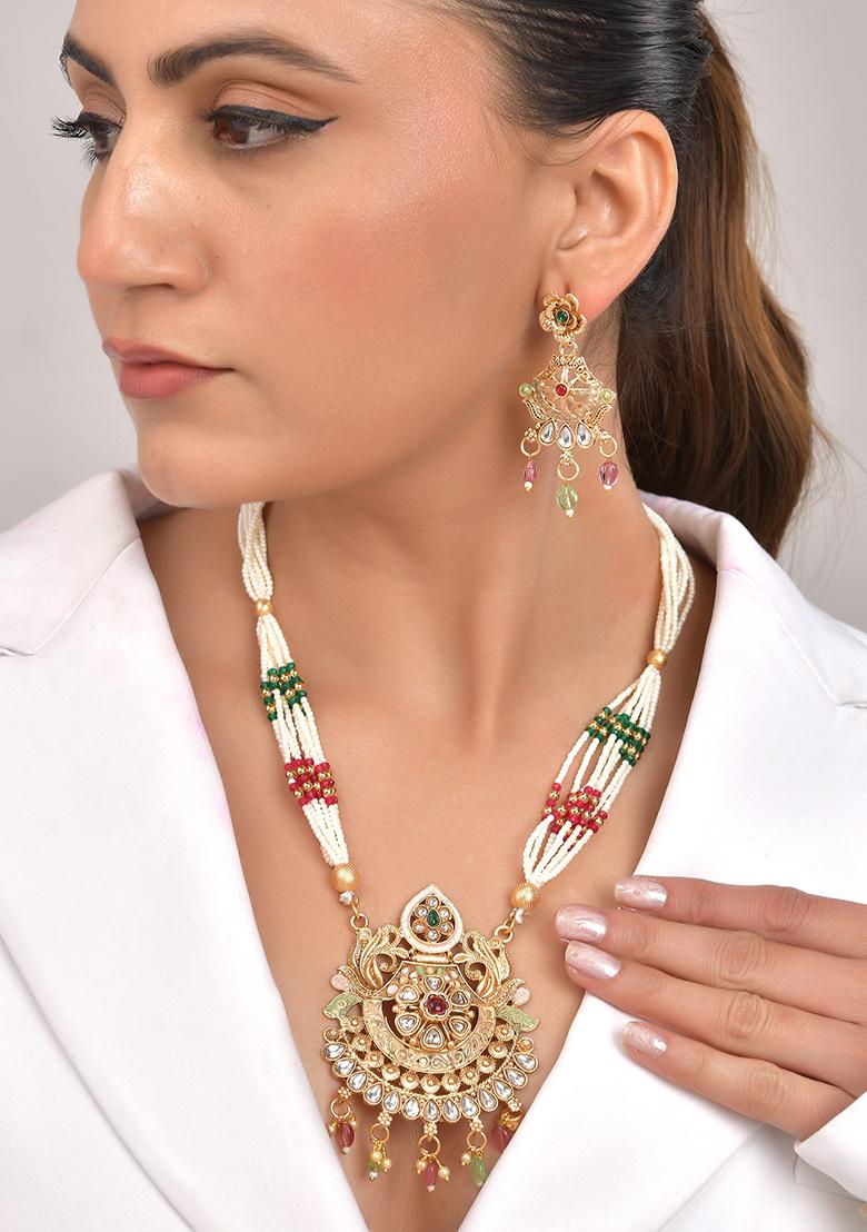 Gold Toned Traditional Circular Shaped Long Necklace With Earrings Set  - Indya