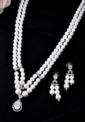 Silver Plated Pearl  AD Studded Designer Jewelllery Set