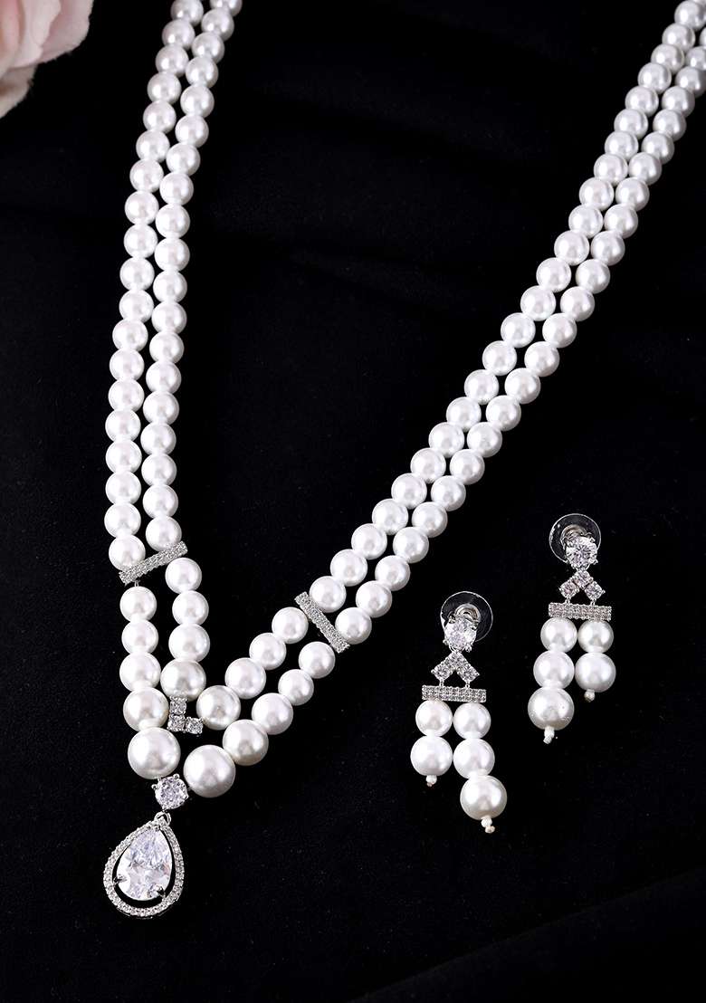 Silver Plated Pearl  AD Studded Designer Jewelllery Set - Indya