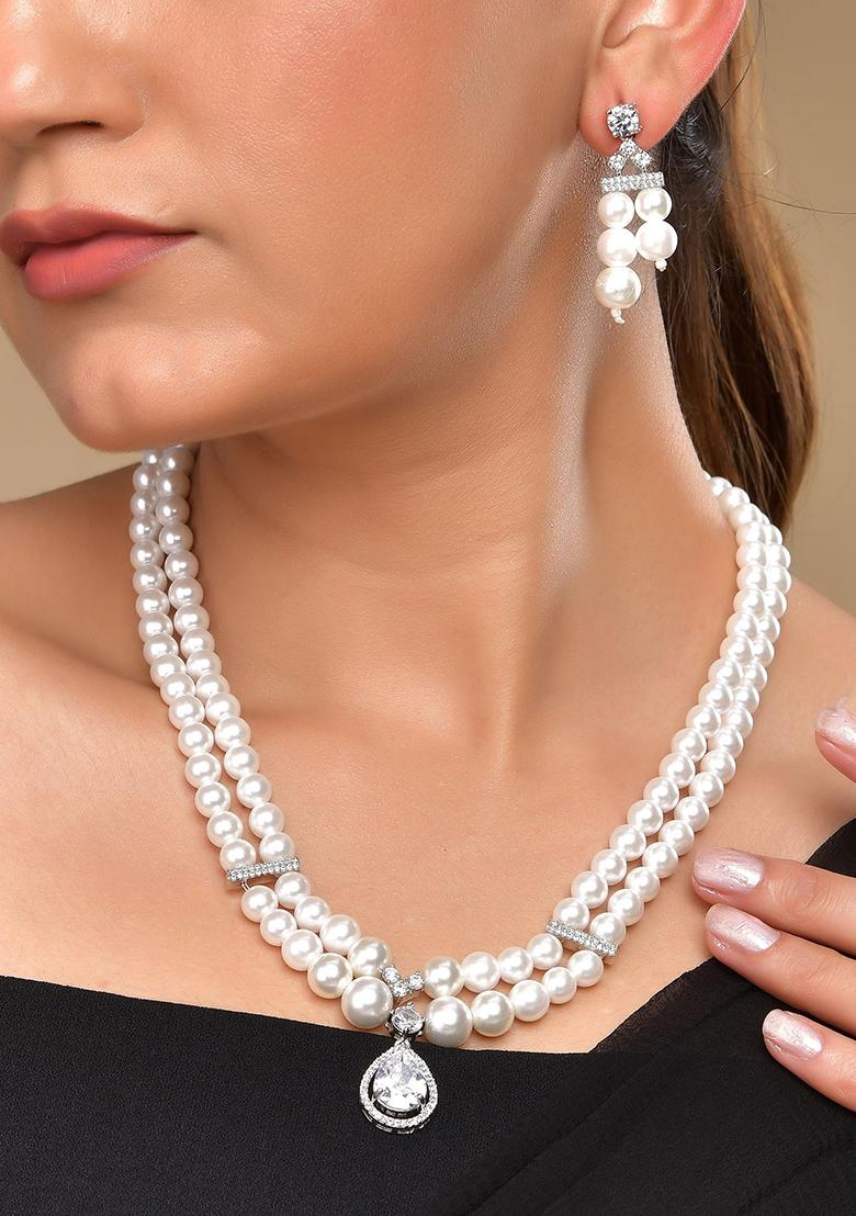 Silver Plated Pearl  AD Studded Designer Jewelllery Set - Indya