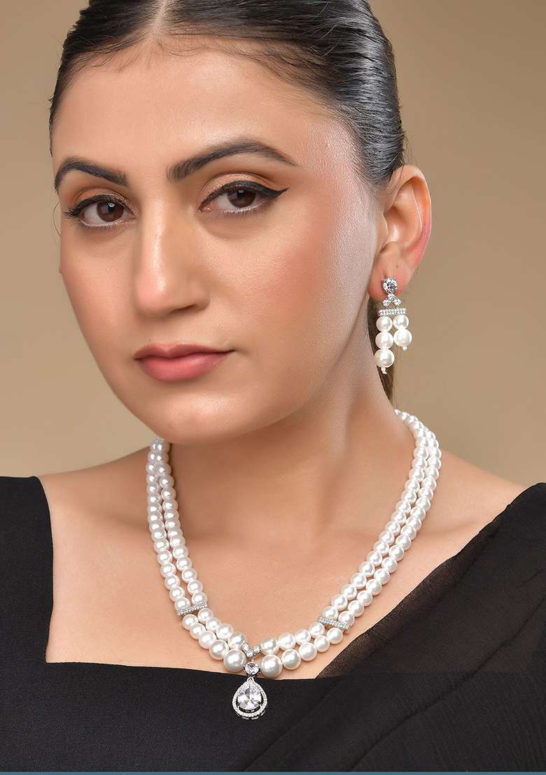 Silver Plated Pearl  AD Studded Designer Jewelllery Set - Indya