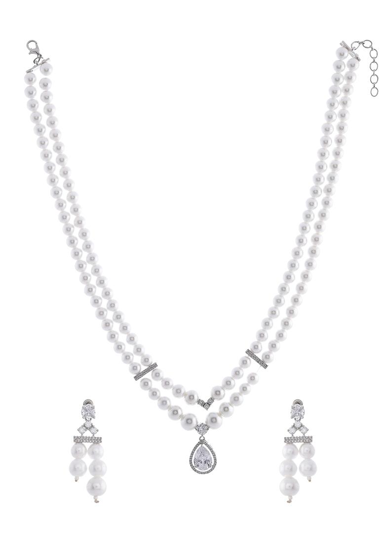 Silver Plated Pearl  AD Studded Designer Jewelllery Set - Indya