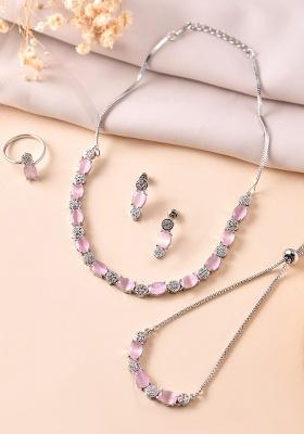 Silver Plated Baby Pink Stone Studded Necklace With Earrings Ring And Bracelet Set