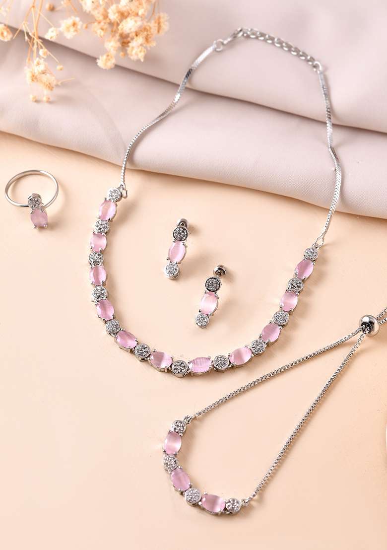 Silver Plated Baby Pink Stone Studded Necklace With Earrings Ring And Bracelet Set - Indya