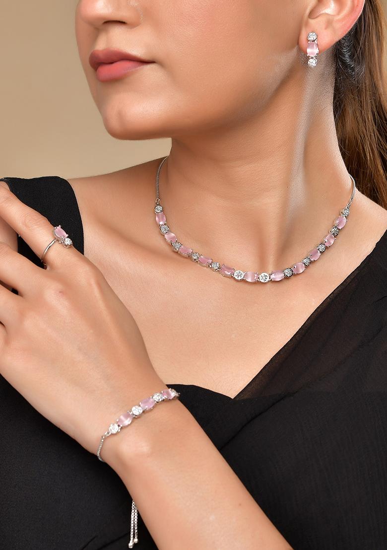 Silver Plated Baby Pink Stone Studded Necklace With Earrings Ring And Bracelet Set - Indya