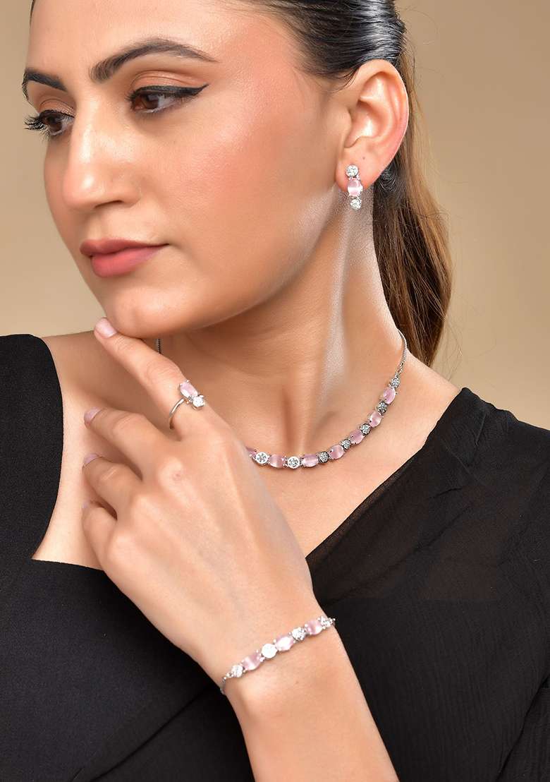 Silver Plated Baby Pink Stone Studded Necklace With Earrings Ring And Bracelet Set - Indya