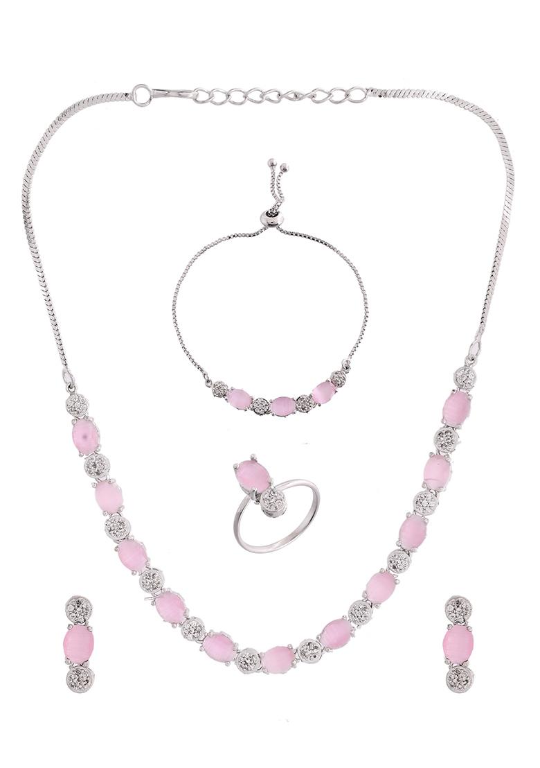 Silver Plated Baby Pink Stone Studded Necklace With Earrings Ring And Bracelet Set - Indya