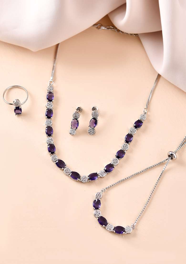 Silver Plated Purple Stone Studded Necklace With Earrings Ring And Bracelet Set - Indya