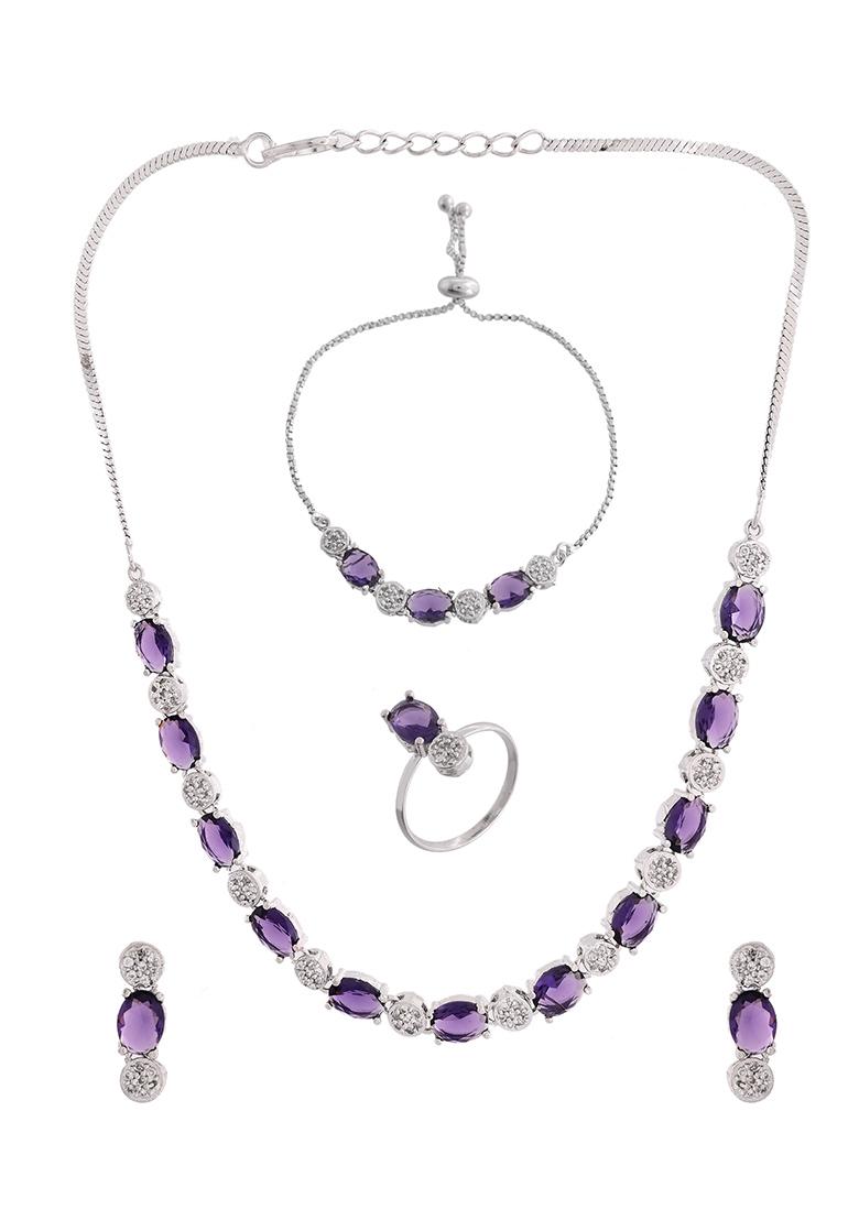 Silver Plated Purple Stone Studded Necklace With Earrings Ring And Bracelet Set - Indya