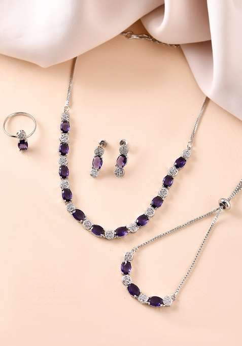 Silver Plated Purple Stone Studded Necklace With Earrings Ring And Bracelet Set