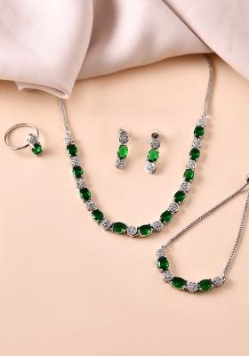 Silver Plated Green Stone Studded Necklace With Earrings Ring And Bracelet Set