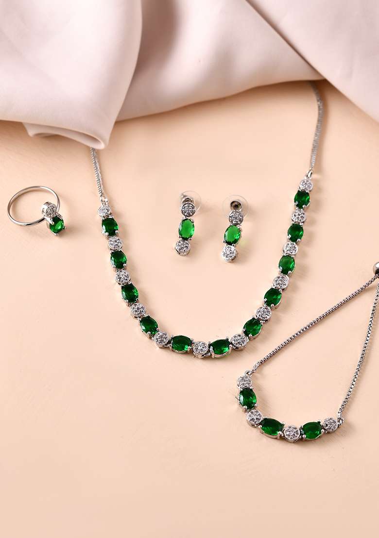 Silver Plated Green Stone Studded Necklace With Earrings Ring And Bracelet Set - Indya