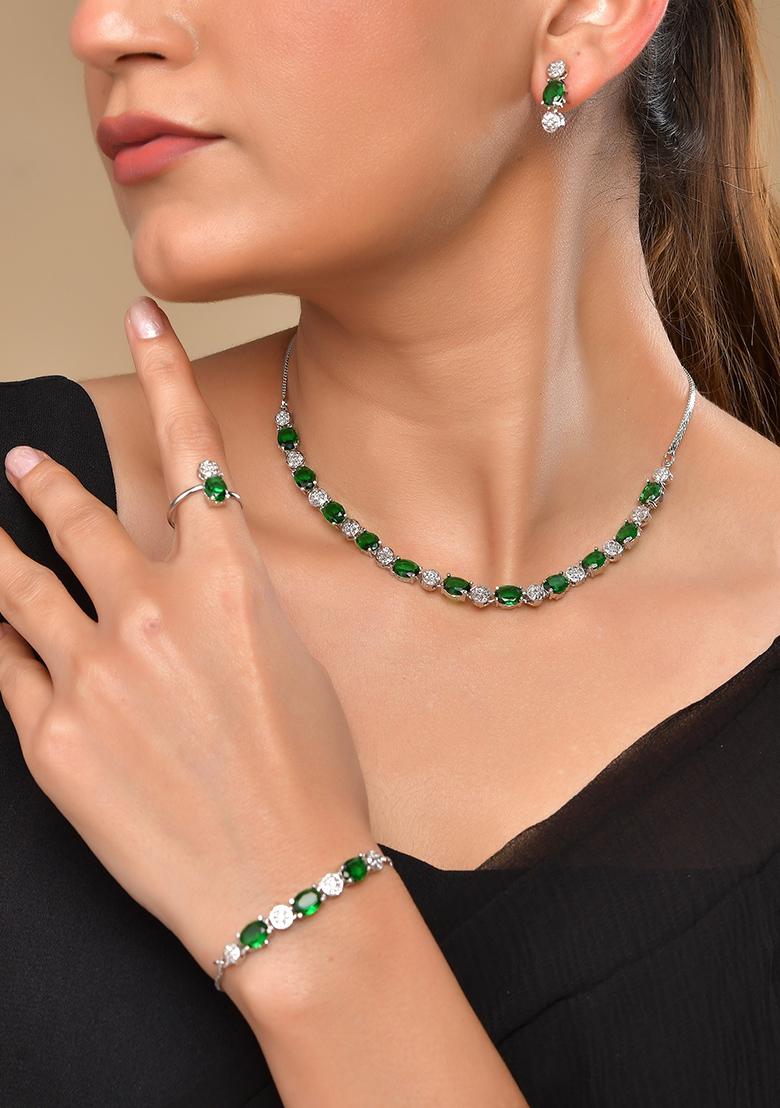 Silver Plated Green Stone Studded Necklace With Earrings Ring And Bracelet Set - Indya