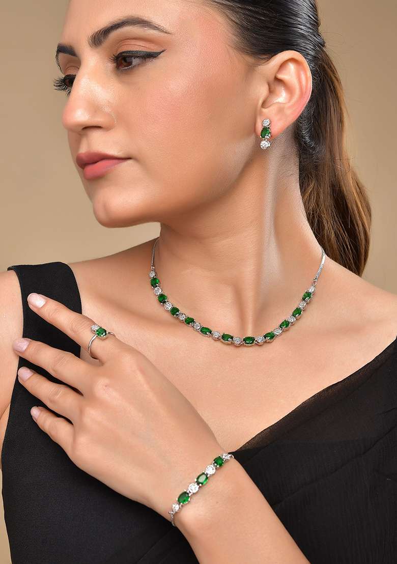 Silver Plated Green Stone Studded Necklace With Earrings Ring And Bracelet Set - Indya
