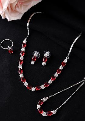 Silver Plated Red Stone Studded Necklace With Earrings Ring And Bracelet Set