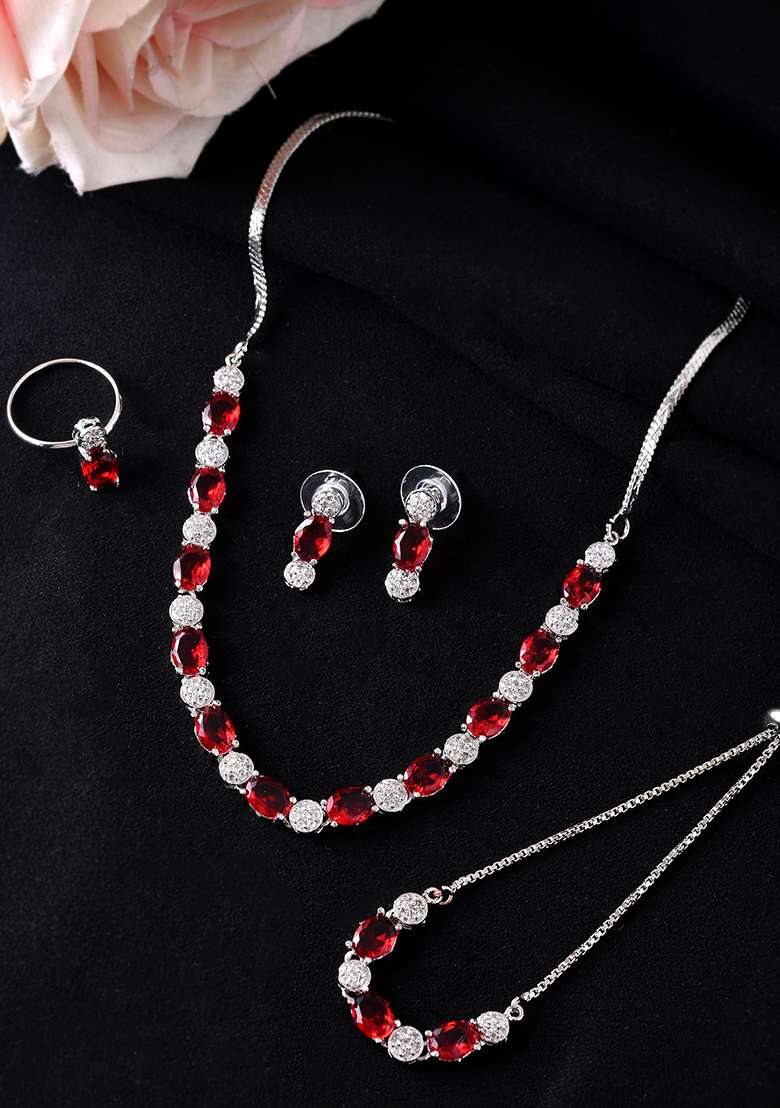 Silver Plated Red Stone Studded Necklace With Earrings Ring And Bracelet Set - Indya