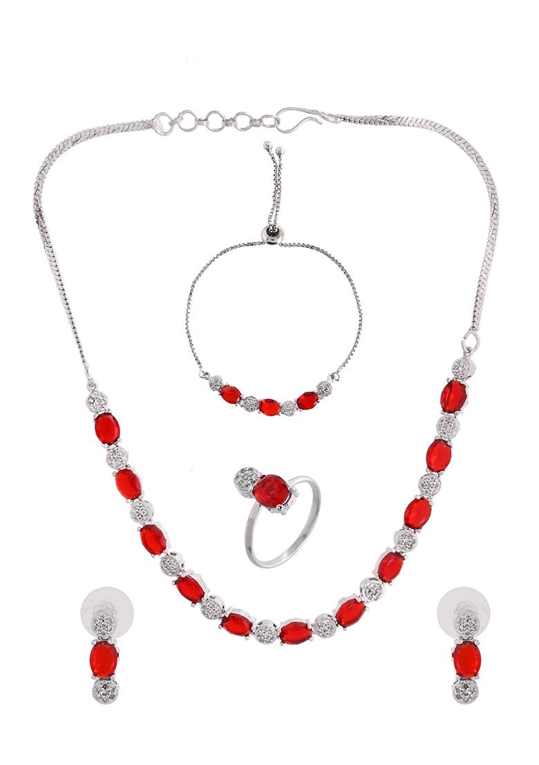 Silver Plated Red Stone Studded Necklace With Earrings Ring And Bracelet Set - Indya