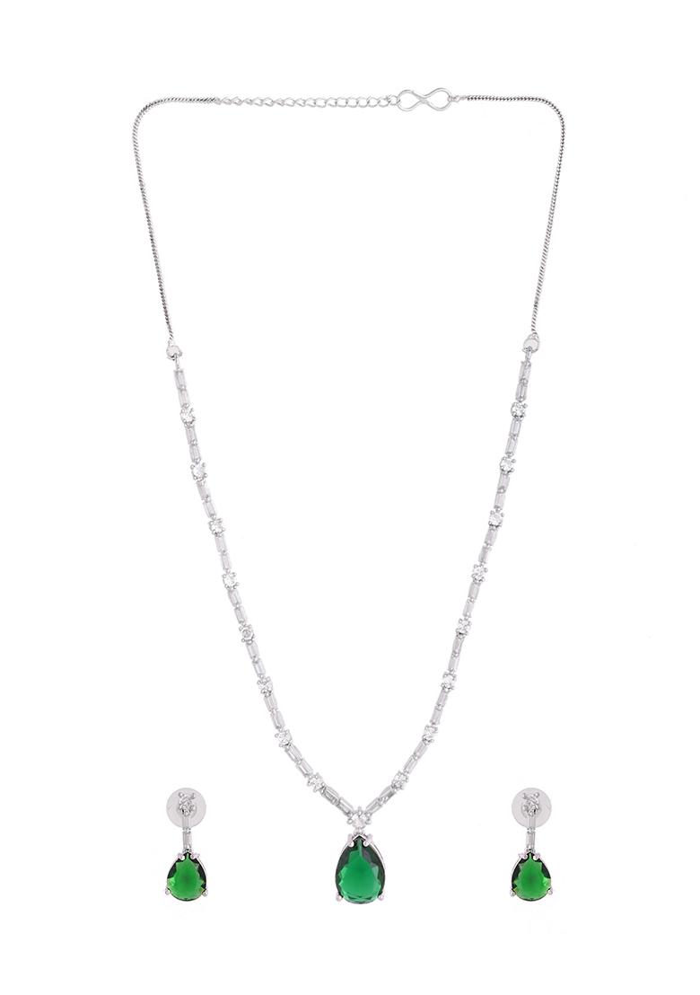 Silver Plated Greem Teardrop Stone Studded Simple Jewellery Set  - Indya