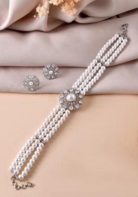 Silver Plated Pearl And Ad Stone Studded Choker Necklace With Earrings Set