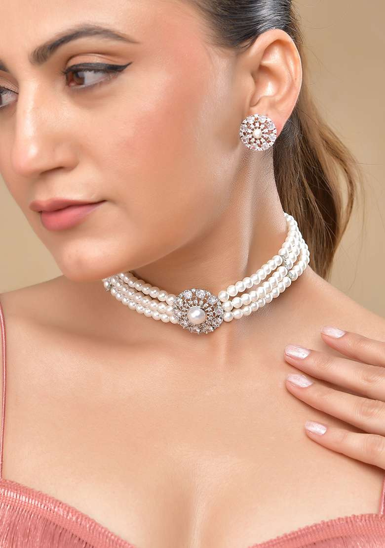 Silver Plated Pearl And Ad Stone Studded Choker Necklace With Earrings Set - Indya