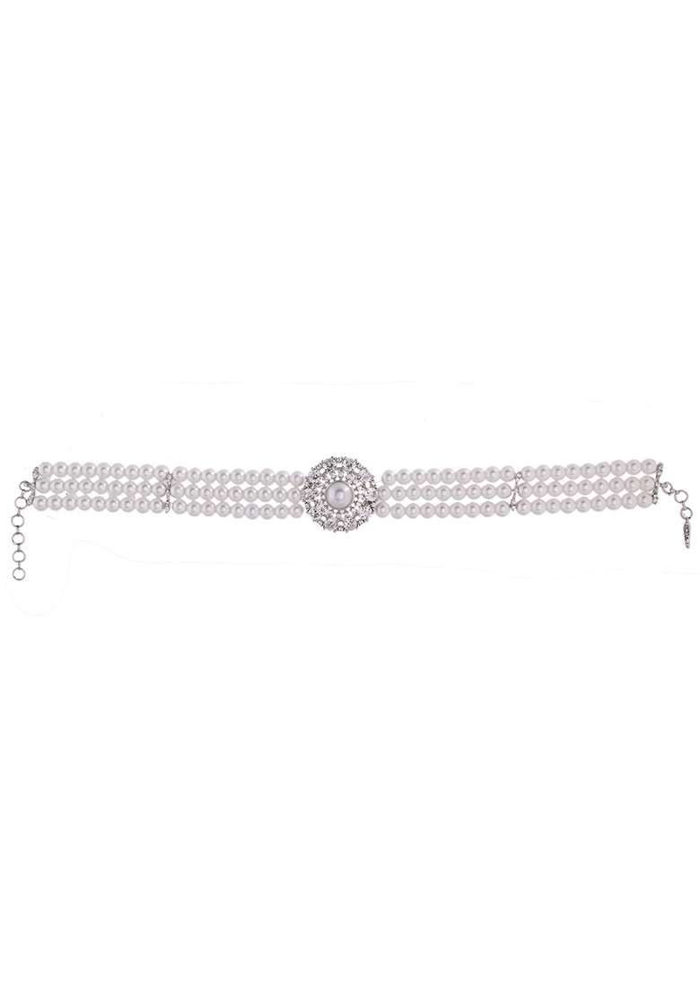Silver Plated Pearl And Ad Stone Studded Choker Necklace With Earrings Set - Indya