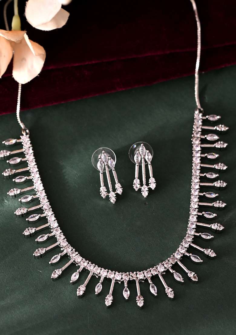 Silver Plated Ad Stone Studded Elegent Minimal Jewellery Set  - Indya