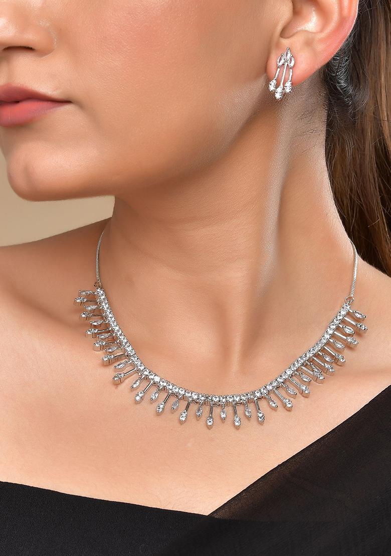 Silver Plated Ad Stone Studded Elegent Minimal Jewellery Set  - Indya