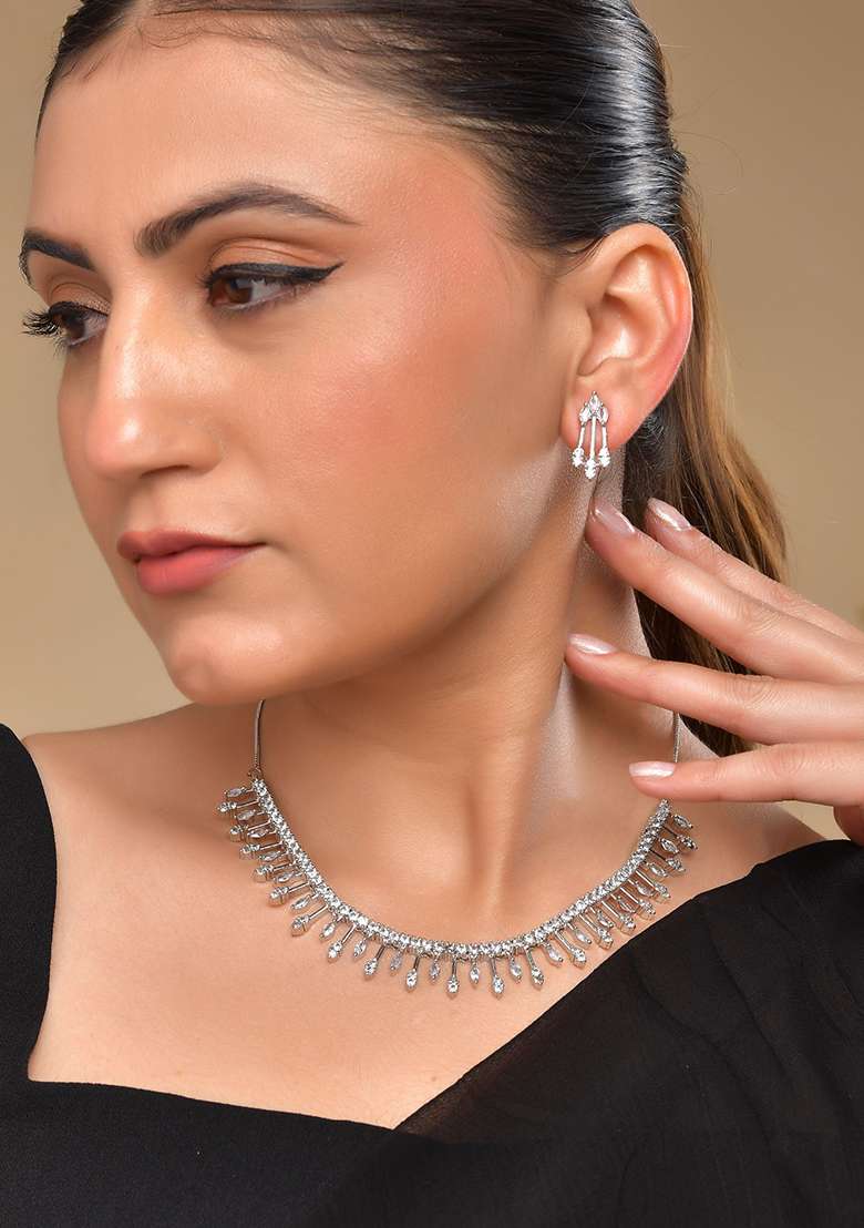 Silver Plated Ad Stone Studded Elegent Minimal Jewellery Set  - Indya