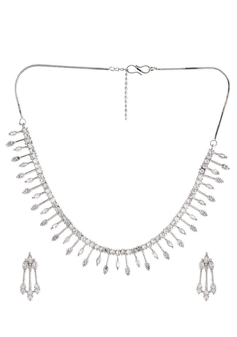 Silver Plated Ad Stone Studded Elegent Minimal Jewellery Set  - Indya