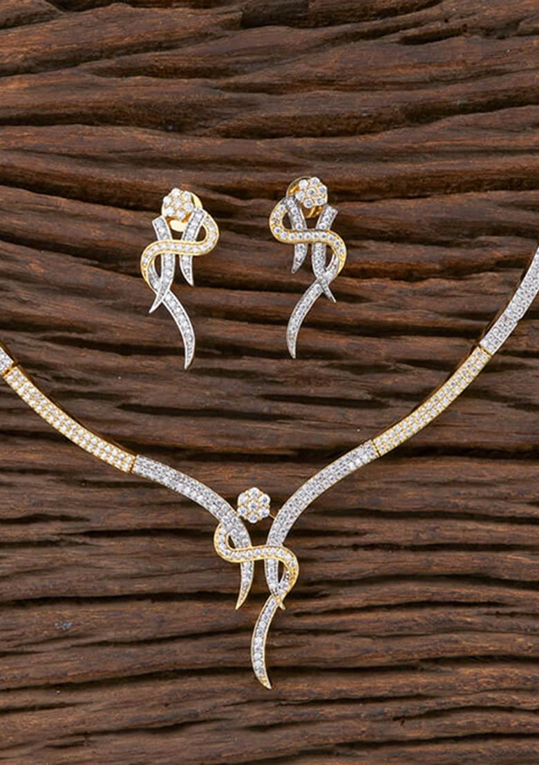 Golden White American Diamond Brass Necklace Set - Indya