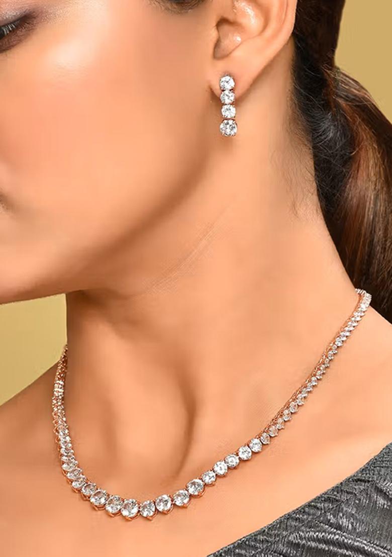 Golden White American Diamond Brass Necklace Set - Indya