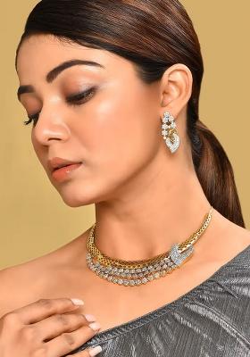 Golden White American Diamond Brass Necklace Set