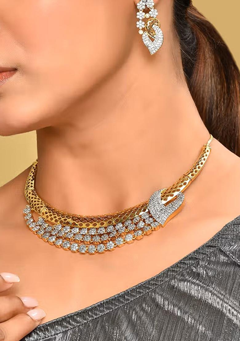 Golden White American Diamond Brass Necklace Set - Indya