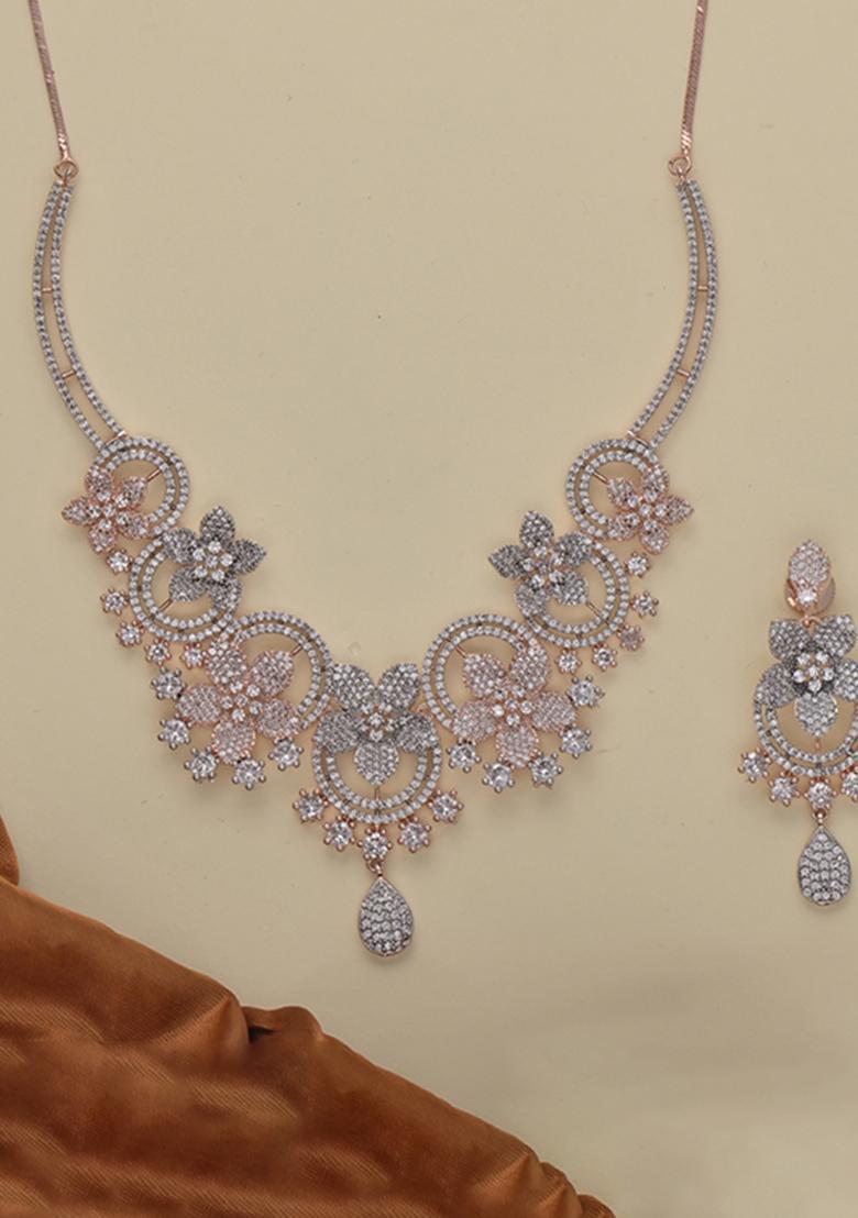 Golden White American Diamond Brass Necklace Set - Indya