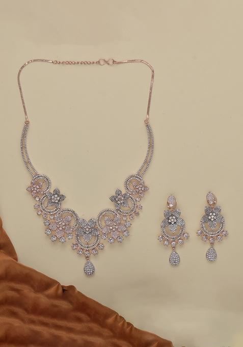 Golden White American Diamond Brass Necklace Set