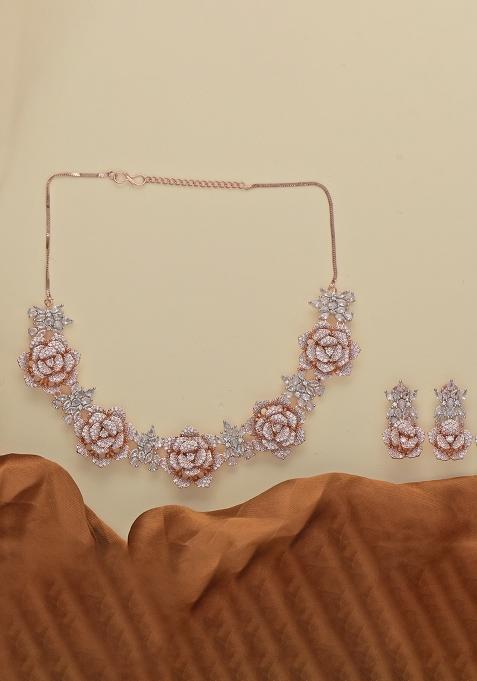 Golden White American Diamond Brass Necklace Set