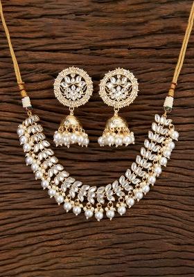 Golden White Kundan Pearl Onyx Stone Necklace Set