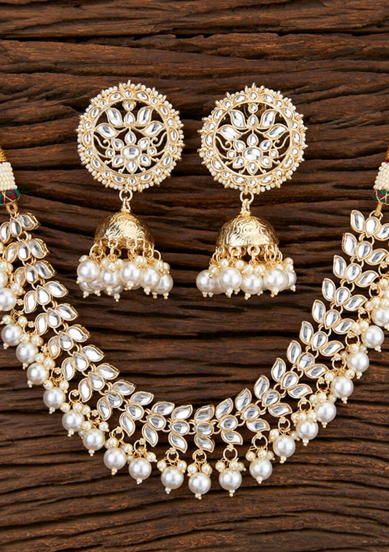 Golden White Kundan Pearl Onyx Stone Necklace Set - Indya