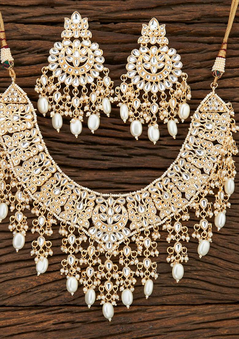 Golden White Kundan Pearl Onyx Stone Necklace Set - Indya
