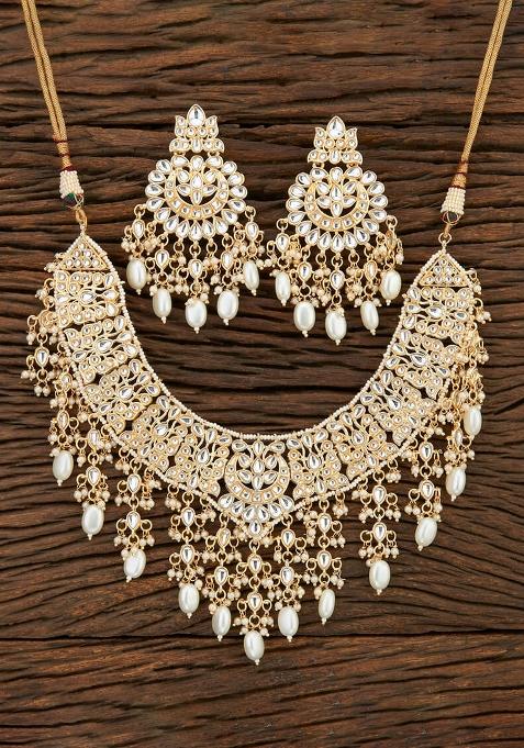 Golden White Kundan Pearl Onyx Stone Necklace Set