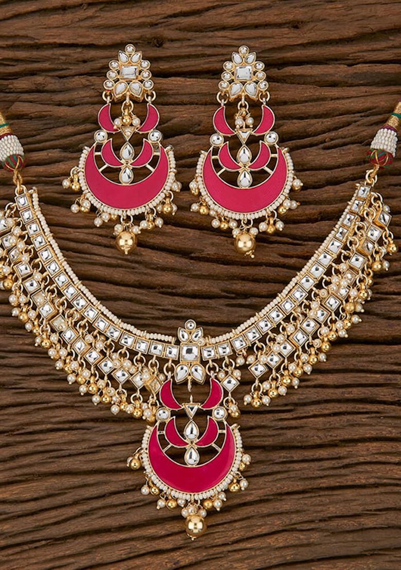 Multicolor Kundan Pearl Onyx Stone Necklace Set - Indya
