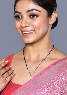 Golden White American Diamond And Beads Mangalsutra With Chain