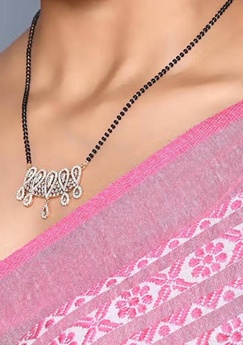 Golden White American Diamond And Beads Mangalsutra With Chain - Indya