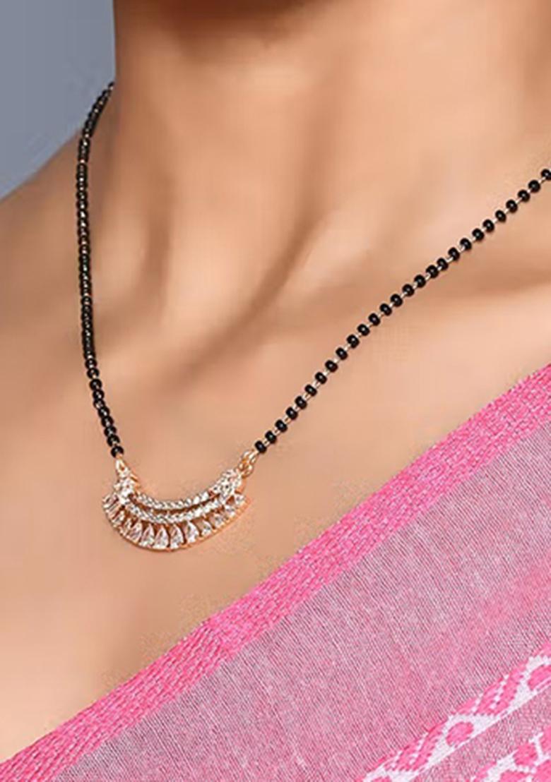 Golden White American Diamond And Beads Mangalsutra With Chain - Indya