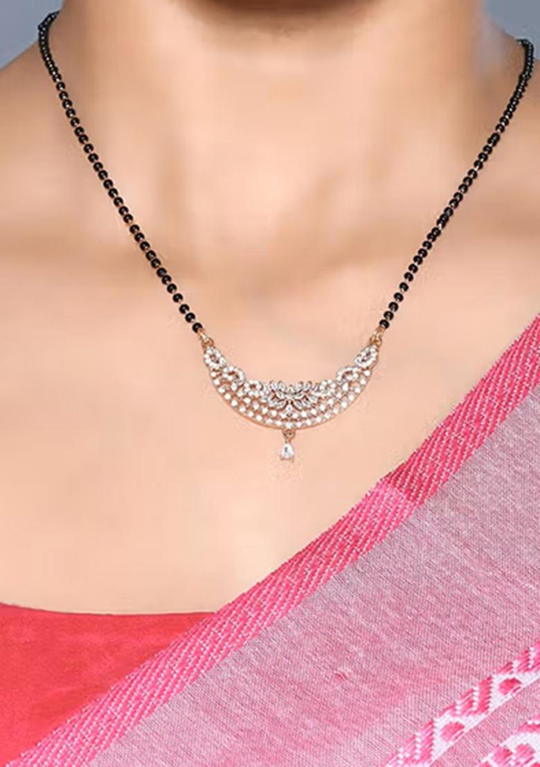 Golden White American Diamond And Beads Mangalsutra With Chain - Indya